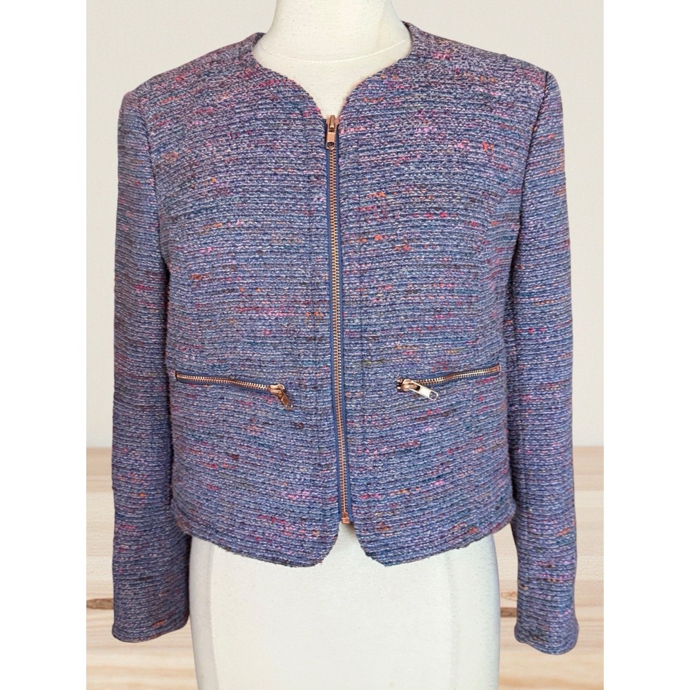 French‎ Connection Cropped Jacket Sz 8 Blue Pink Tweed Lined Zipped Old Money